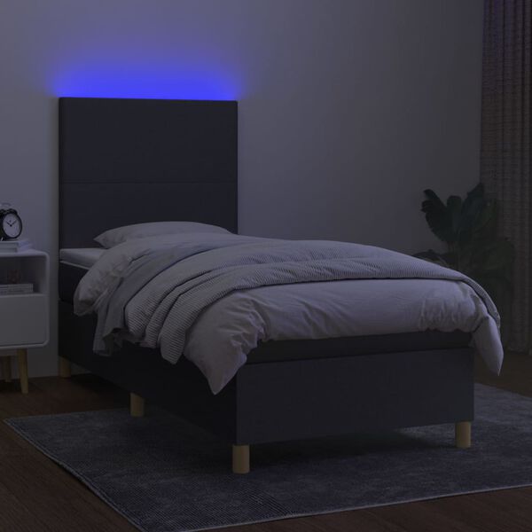 vidaXL Cama box spring colch&oacute;n y luces LED tela gris oscuro 90x190 cm
