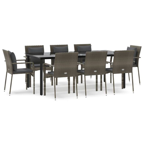 vidaXL Set comedor jardín 9 pzas y cojines ratán sintético negro gris