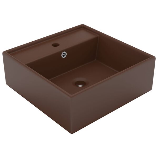 vidaXL Lavabo cuadrado rebosadero cer&aacute;mica marr&oacute;n oscuro mate 41x41 cm