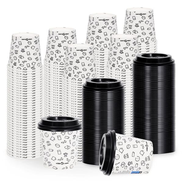 vidaXL Vasos de papel para caf&eacute; con tapas 250 uds blanco y negro 120ml