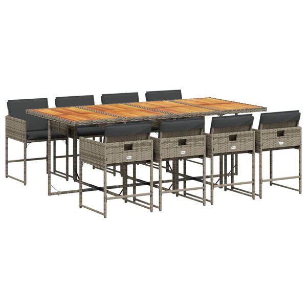 vidaXL Set comedor jard&iacute;n 9 pzas y cojines rat&aacute;n sint&eacute;tico gris