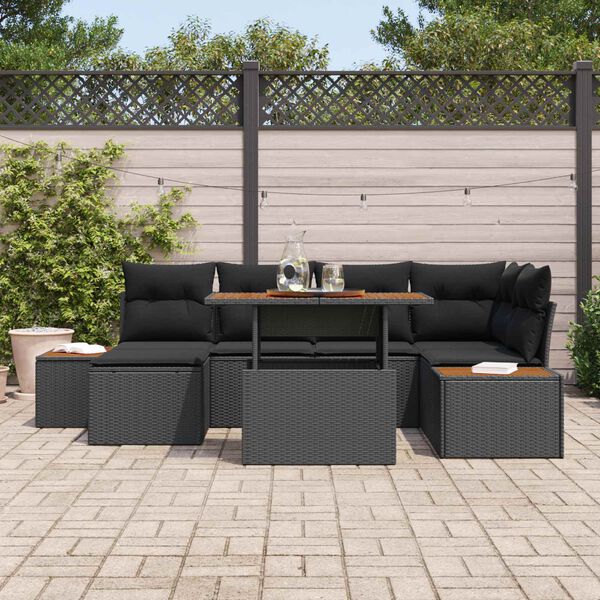 vidaXL Conjunto de sof&aacute; de jard&iacute;n 7 pcs Negro Polirat&aacute;n