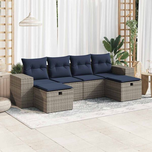 vidaXL Set de muebles de jard&iacute;n 6 pzas y cojines rat&aacute;n sint&eacute;tico gris