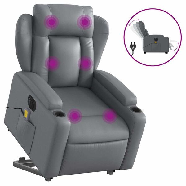 vidaXL Sillón de masaje elevable eléctrico cuero sintético gris
