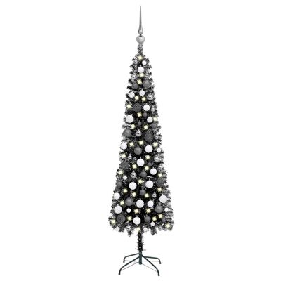 vidaXL Árbol de Navidad delgado con luces y bolas negro 240 cm