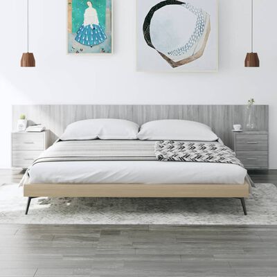 vidaXL Cabecero de cama y mesitas madera contrachapada gris Sonoma