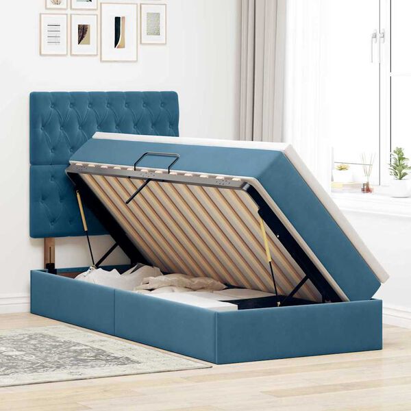 vidaXL Cama con almacenamiento y colch&oacute;n Azul Oscuro 90 x 190 cm