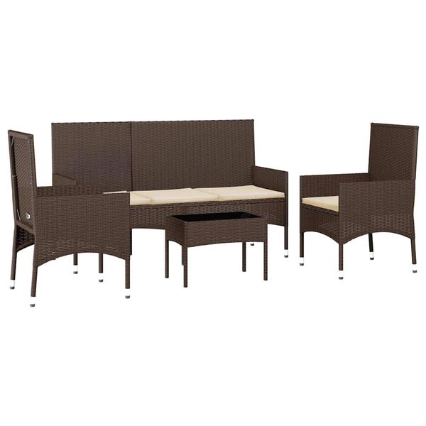 vidaXL Set muebles de jard&iacute;n 4 piezas y cojines rat&aacute;n sint&eacute;tico marr&oacute;n