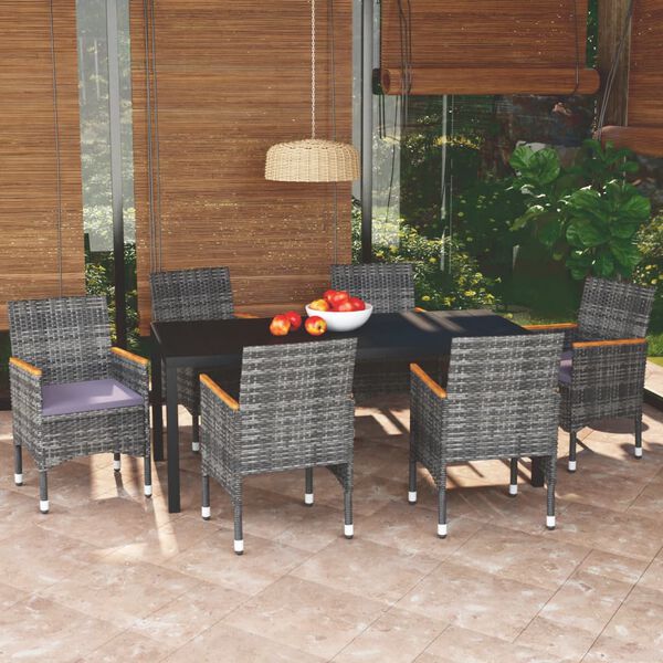 vidaXL Juego muebles jard&iacute;n 7 pzas con cojines rat&aacute;n sint&eacute;tico gris
