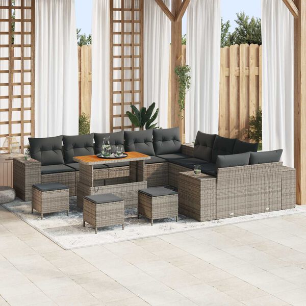 vidaXL Conjunto de sof&aacute; de jard&iacute;n 14 pcs Gris rat&aacute;n sint&eacute;tico