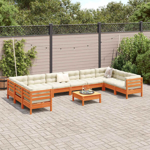 vidaXL Set de sofás jardín 11 pzas con cojines madera pino marrón cera