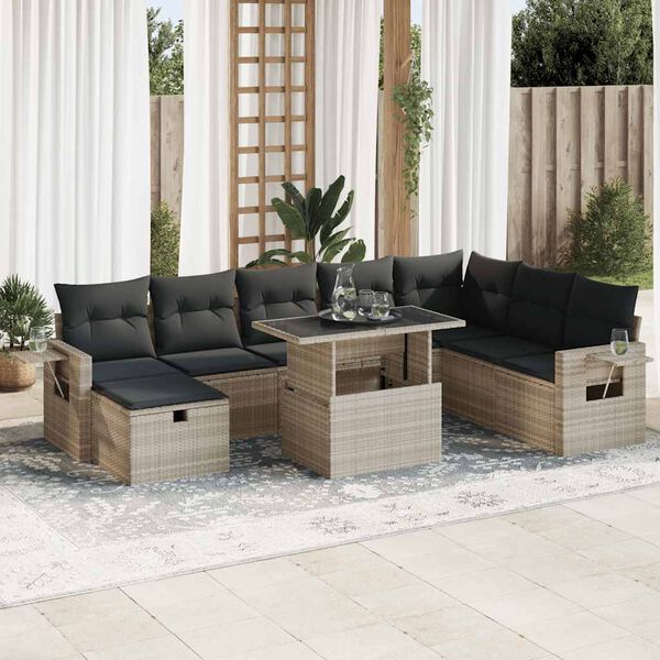 vidaXL Set muebles jard&iacute;n 9 pzas y cojines rat&aacute;n sint&eacute;tico gris claro