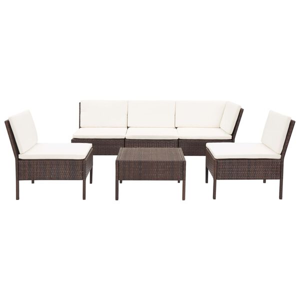 vidaXL Set muebles de jard&iacute;n 6 piezas y cojines rat&aacute;n sint&eacute;tico marr&oacute;n