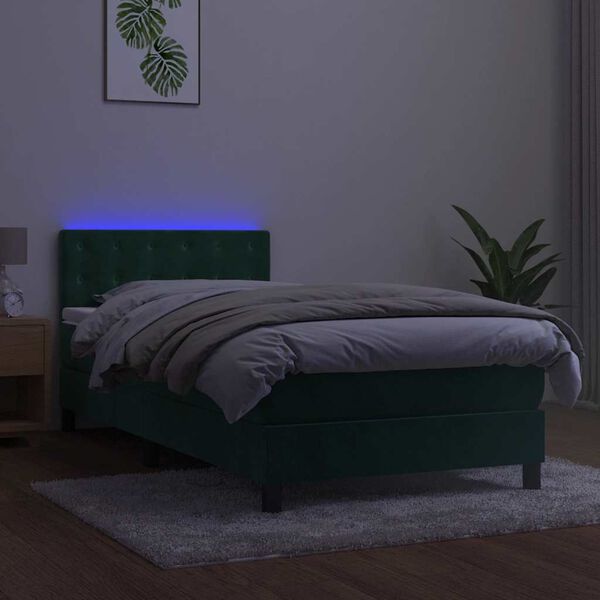 vidaXL Cama box spring colch&oacute;n y LED terciopelo verde oscuro 100x200cm