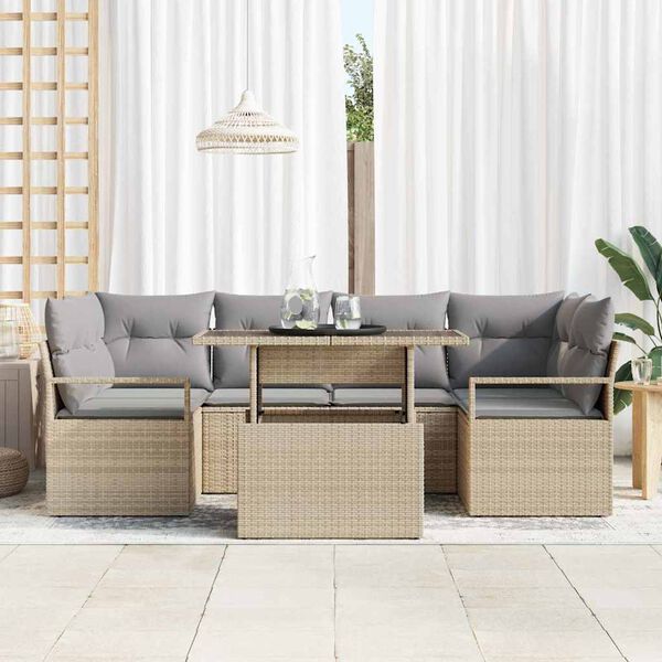 vidaXL Conjunto de sof&aacute; de jard&iacute;n 7 pcs Beige rat&aacute;n sint&eacute;tico