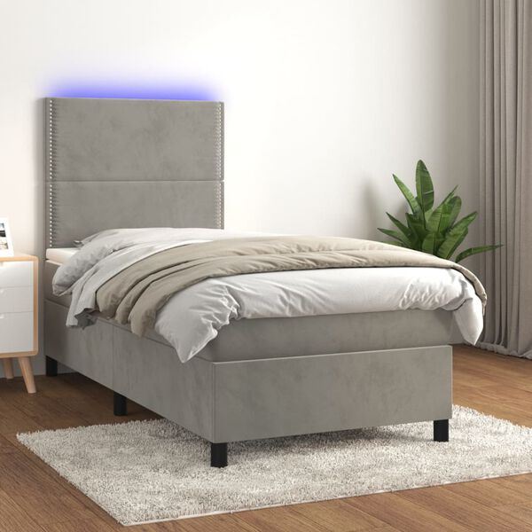 vidaXL Cama box spring colch&oacute;n y LED terciopelo gris claro 90x200 cm