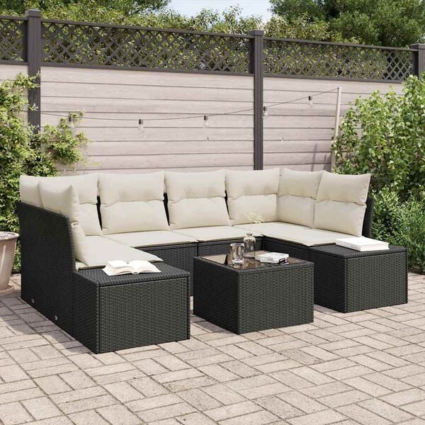 vidaXL Conjunto de sof&aacute; de jard&iacute;n 8 pcs Negro y crema rat&aacute;n sint&eacute;tico