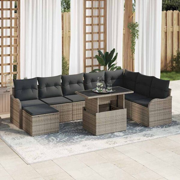 vidaXL Conjunto de sof&aacute; de jard&iacute;n con coj&iacute;n 9 pcs Gris Polirat&aacute;n