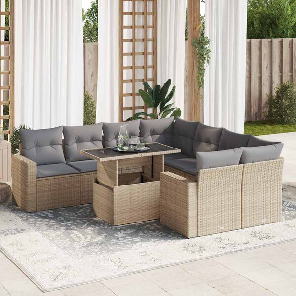 vidaXL Set de sofás de jardín con cojines 9 pzas ratán sintético beige