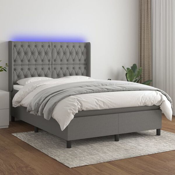 vidaXL Cama box spring colch&oacute;n y luces LED tela gris oscuro 140x200 cm