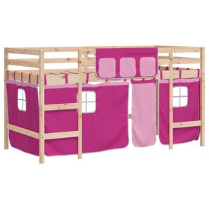 vidaXL Cama alta para ni&ntilde;os con cortinas madera pino rosa 90x190 cm