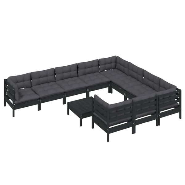 vidaXL Muebles de jard&iacute;n 11 pzas y cojines negro madera de pino