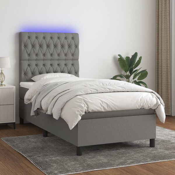 vidaXL Cama box spring colch&oacute;n y luces LED tela gris oscuro 90x190 cm