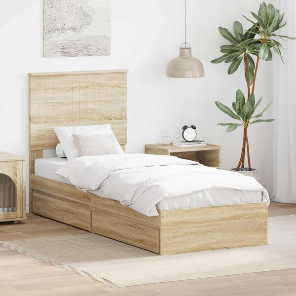 vidaXL Cama con almacenamiento con cabecera Roble Sonoma 75 x 190 cm