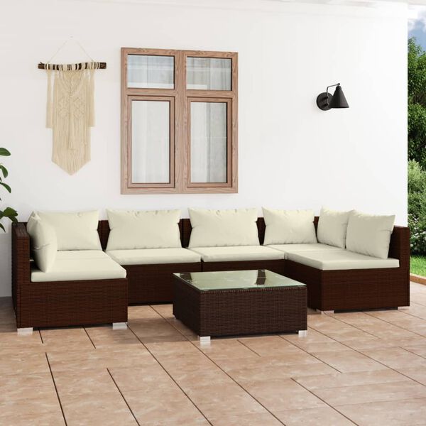 vidaXL Set muebles de jard&iacute;n 7 piezas y cojines rat&aacute;n sint&eacute;tico marr&oacute;n