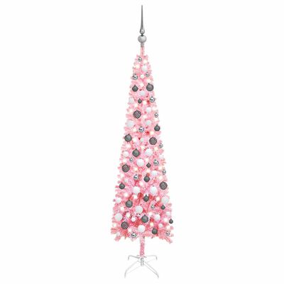 vidaXL Árbol de Navidad delgado con luces y bolas rosa 150 cm