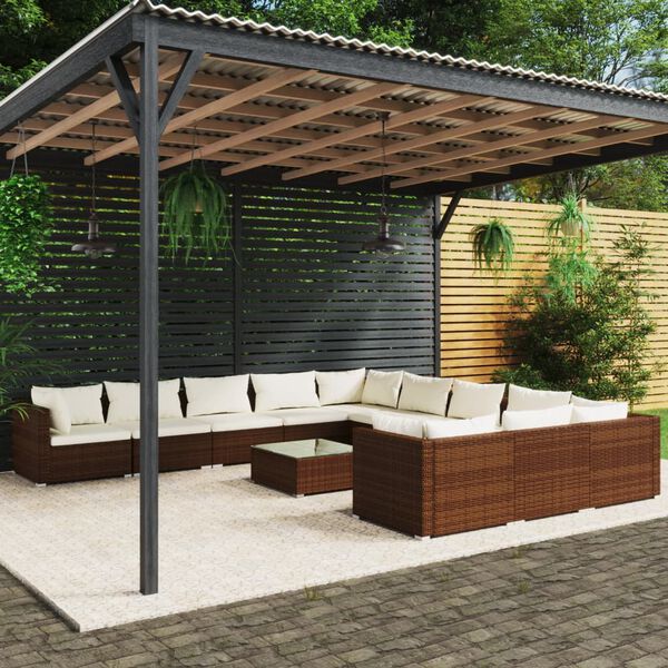 vidaXL Set muebles de jard&iacute;n 12 pzas y cojines rat&aacute;n sint&eacute;tico marr&oacute;n
