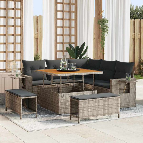 vidaXL Conjunto de sof&aacute;s de jard&iacute;n 9 pcs Gris rat&aacute;n sint&eacute;tico