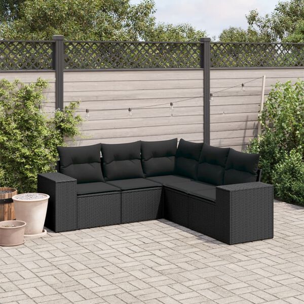 vidaXL Set de muebles de jard&iacute;n 5 pzas y cojines rat&aacute;n sint&eacute;tico negro