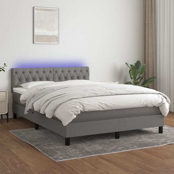 vidaXL Cama box spring colch&oacute;n y luces LED tela gris oscuro 140x190 cm