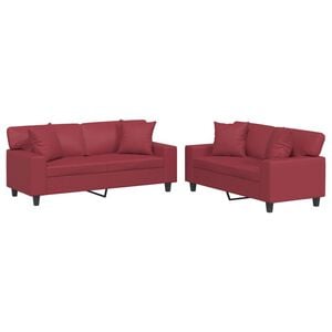 vidaXL Juego de sof&aacute;s con cojines 2 piezas cuero sint&eacute;tico rojo tinto