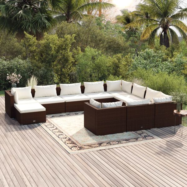 vidaXL Set muebles de jard&iacute;n 11 pzas y cojines rat&aacute;n sint&eacute;tico marr&oacute;n