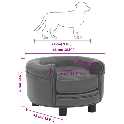 vidaXL Sofá para perros felpa y cuero sintético gris 48x48x32 cm