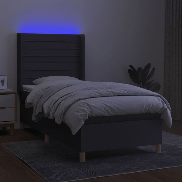 vidaXL Cama box spring colch&oacute;n y luces LED tela gris oscuro 90x200 cm