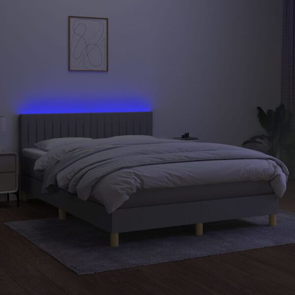 vidaXL Cama box spring colch&oacute;n y luces LED tela gris claro 140x200 cm