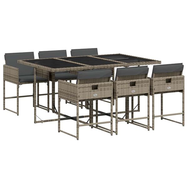 vidaXL Set comedor jard&iacute;n 7 pzas y cojines rat&aacute;n sint&eacute;tico gris