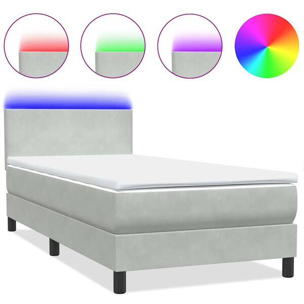 vidaXL Cama box spring con colch&oacute;n y LED terciopelo gris claro 100x220 cm