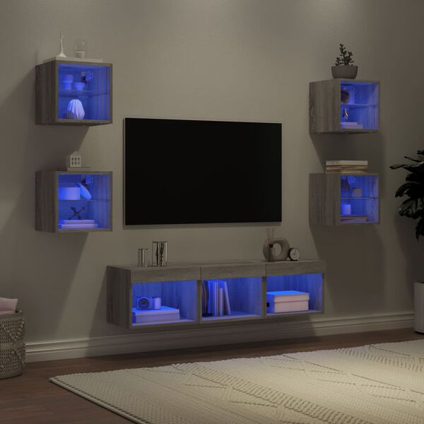 vidaXL Muebles TV pared con LED 7 pzas madera ingeniería gris Sonoma