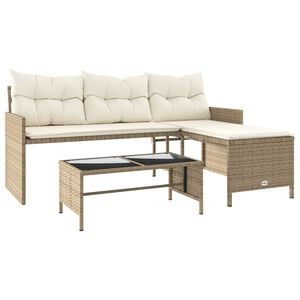 vidaXL Sof&aacute; de jard&iacute;n en forma de L con mesa y cojines rat&aacute;n PE beige