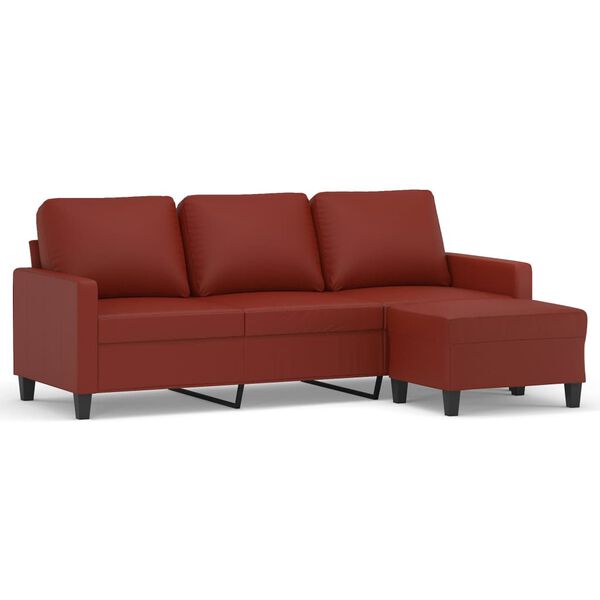vidaXL Sof&aacute; de 3 plazas con taburete cuero sint&eacute;tico rojo tinto 180 cm