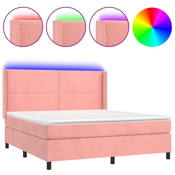 vidaXL Cama box spring colch&oacute;n y LED terciopelo rosa 180x200 cm