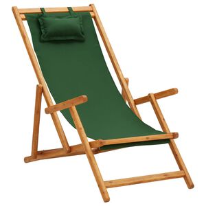 vidaXL Silla de playa plegable madera maciza de eucalipto y tela verde