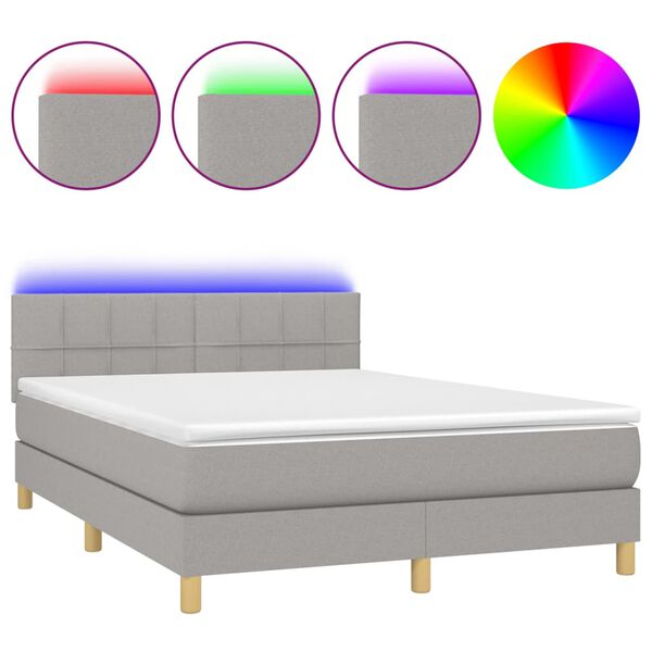 vidaXL Cama box spring colch&oacute;n y luces LED tela gris claro 140x200 cm