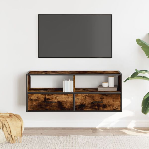 vidaXL Mueble TV metal y madera contrachapada roble humo 100x31x39,5cm