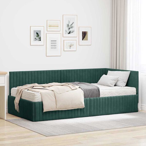 vidaXL Estructura de Cama Esquina con Colch&oacute;n 2 pcs Verde Terciopelo