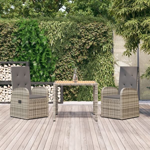 vidaXL Set comedor de jardín 3 piezas con cojines ratán sintético gris